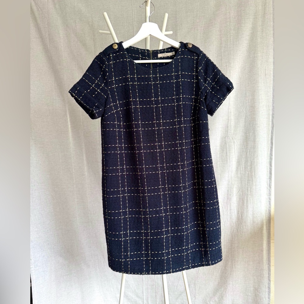 Navy Blue and Gold | Tweed Checkered Dress